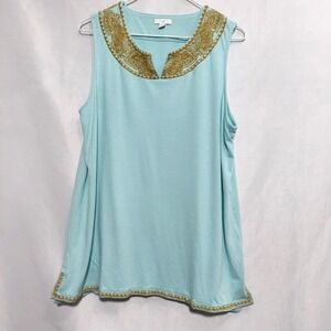 J.Jill Womens Large Sleeveless Tank Top Aqua Gold Heirloom Style Embroidery Soft